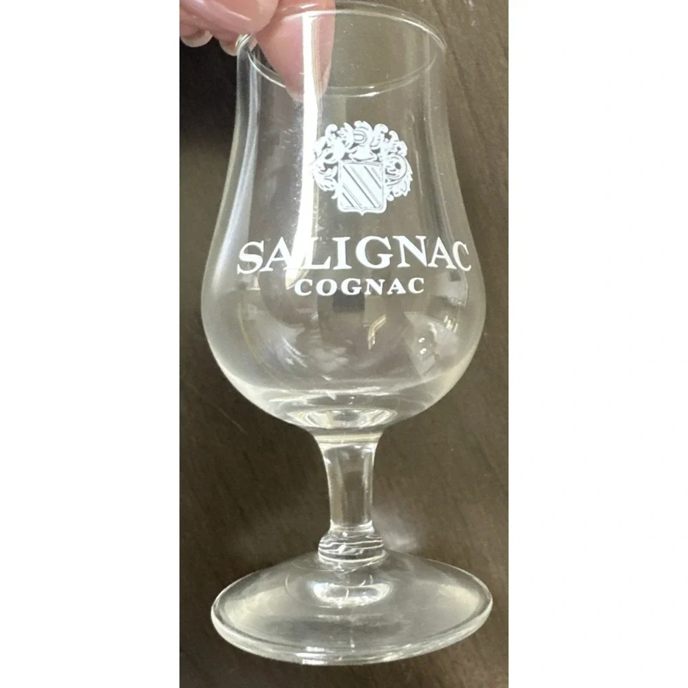 1 Salignac Cognac Glass White Embossed Lettering with Logo 4  1/2 